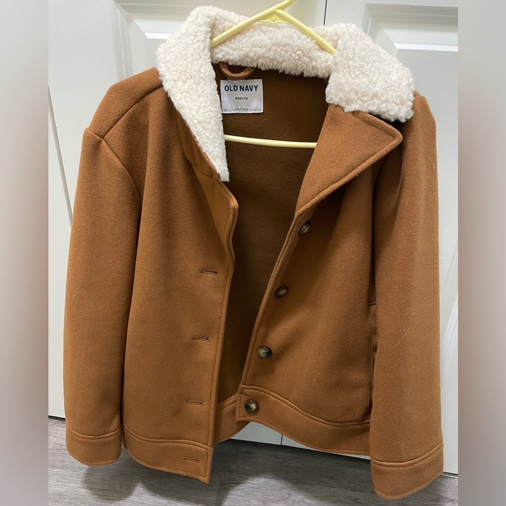 Old Navy Soft Brushed Jacket in Deep Camel Brown with Sherpa Collar - M Petite